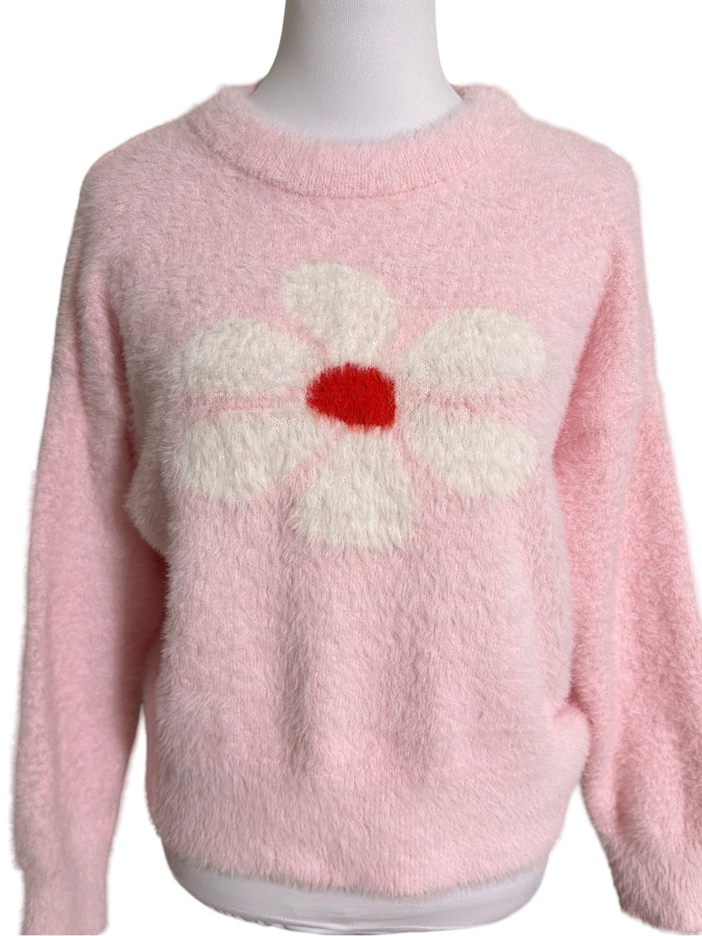 Hooked Up by IOT Pink Fuzzy Crewneck Sweater with White Flower and Red Center